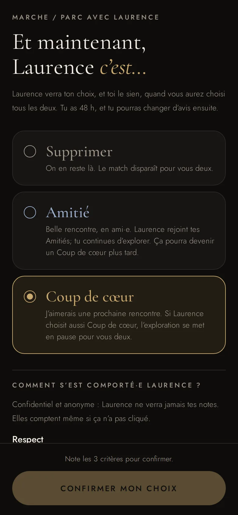 Écran de l’app : Coup de cœur, Amitié ou Supprimer, en secret