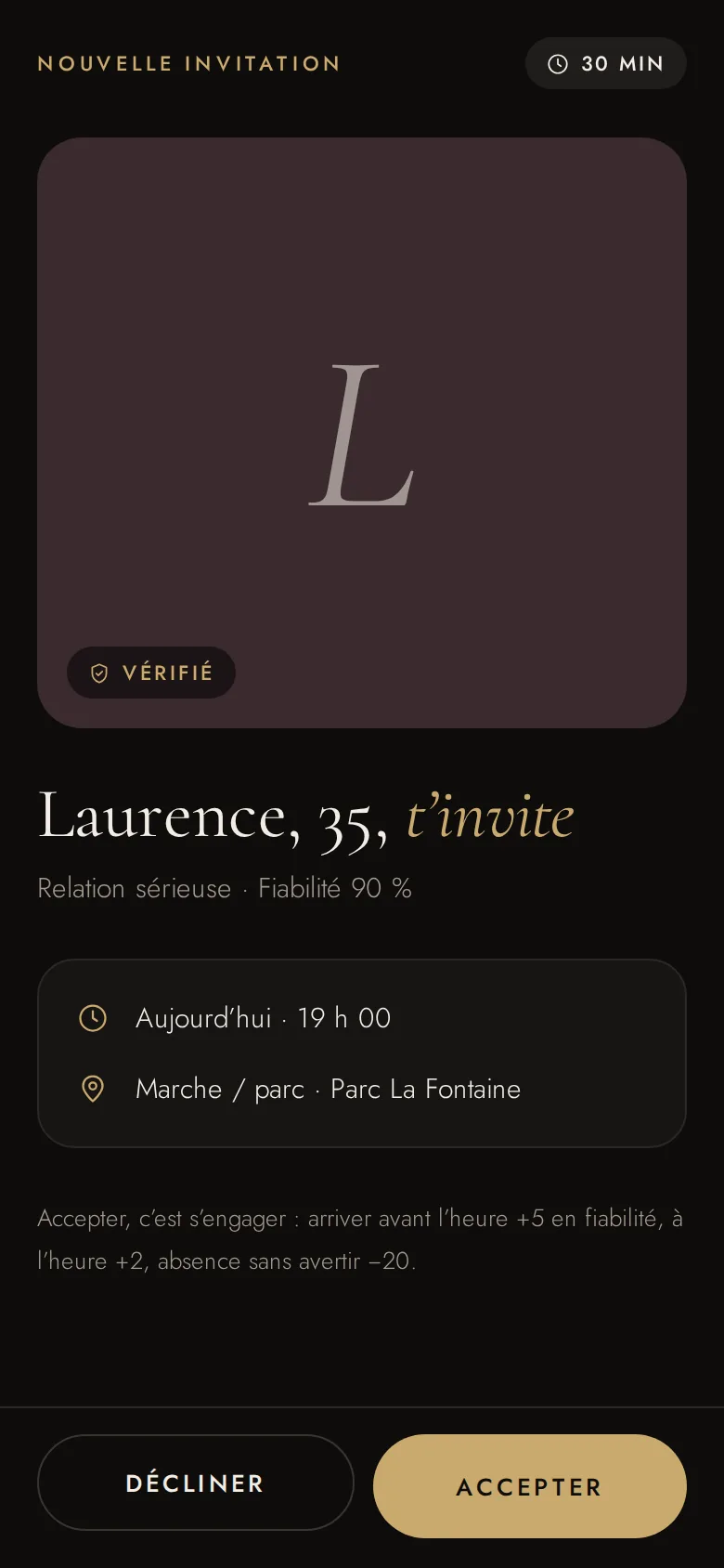 Écran de l’app : une invitation reçue, 30 minutes pour répondre